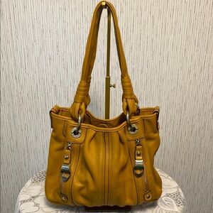 B Makowsky Durango Leather Hobo Shoulder Handbag Cheetah Print Mustard Tan Bag